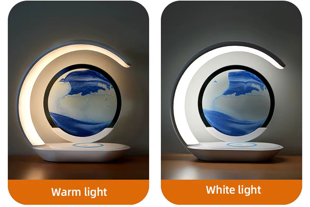 Quicksand Table Lamp USB Wireless Charging Desk Lamp 3D Hourglass Ornaments Sand Painting Night Light for Office Room Decoration